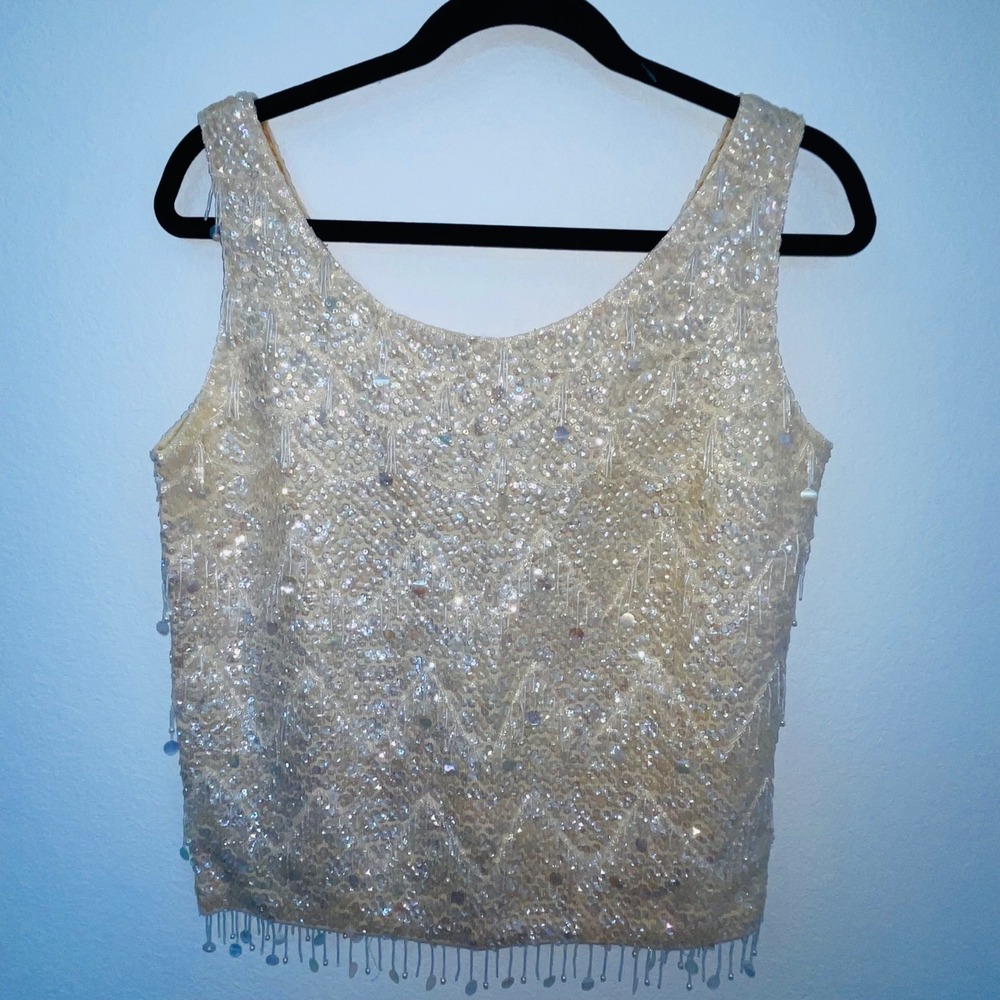Vintage 60s Beaded Sequin Tank Top Cream Ivory Fringe Wool Made in Hong Kong M